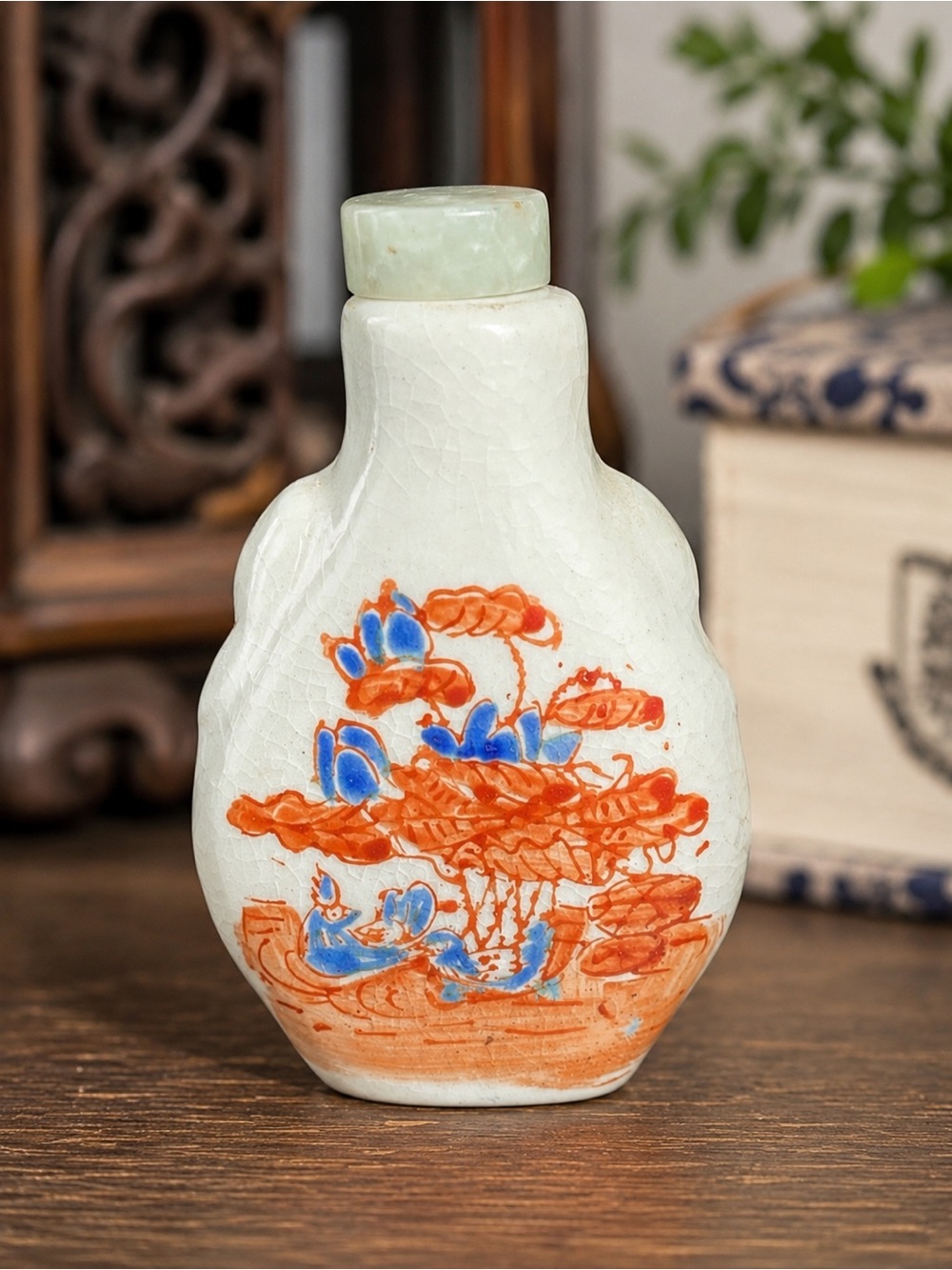 Vintage Chinese Ironstone Snuff Bottle Hand Painted Floral Crackle Glaze‎ 3”